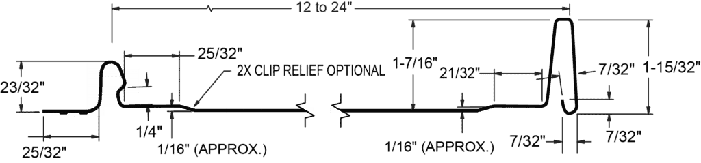 Cornerstone Metals drawing explains standing seam metal roofing profile and lists required sizes and notes for installation.