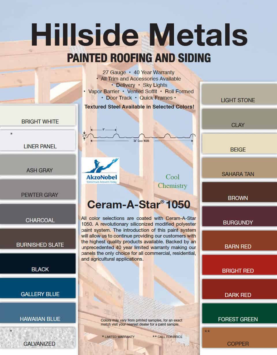 Complete color chart for Cornerstone Metals roofing and siding panels showing various finish options.